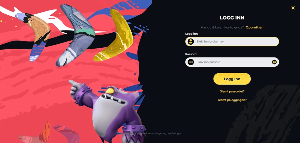 Norwegian login page with a colorful illustrated background featuring cartoon boomerangs and a purple character, alongside a dark login panel with username and password fields, a yellow “Logg inn” (Log in) button, and links for password or login recovery.